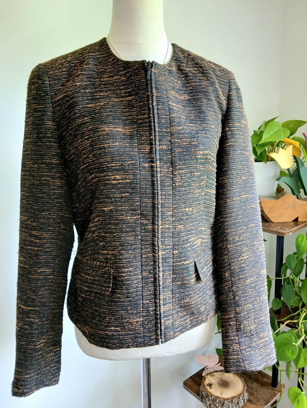 Coldwater Creek-Brown Tweed Jacket/Blazer-Zipper Front-Size XS